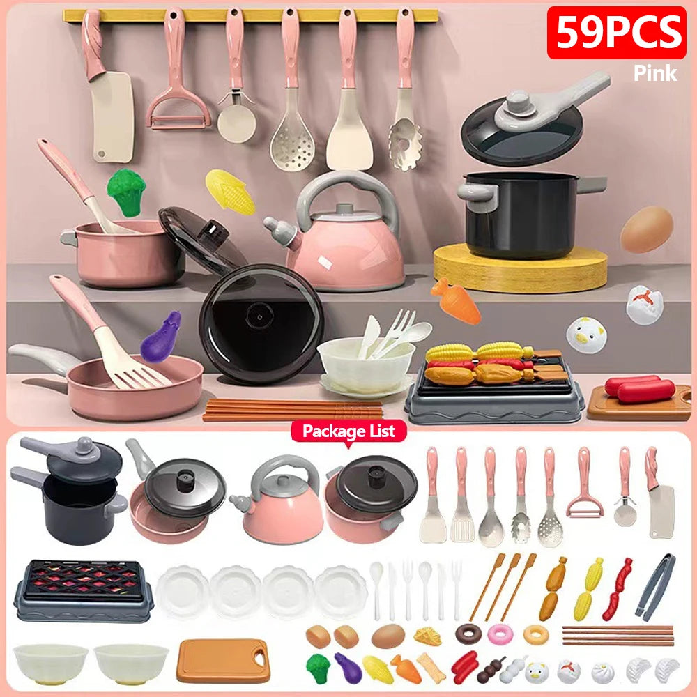 Kids Kitchen Toy Set - 59, 69 or 92 Piece Play Kitchen in Pink or Green