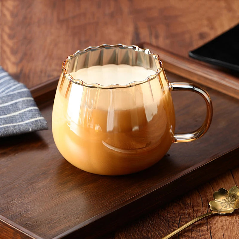 Striped Glass Mug 400ml - Borosilicate Pumpkin Cup for Coffee and Tea