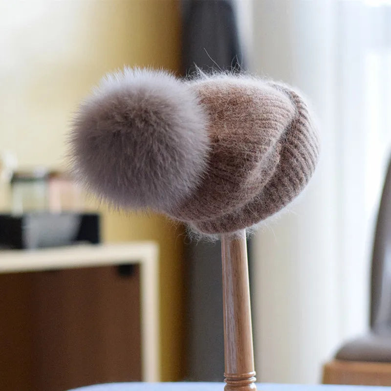 Fox Fur Pom-Pom Beanie - Knitted Cashmere Winter Hat for Women, 14 Colours