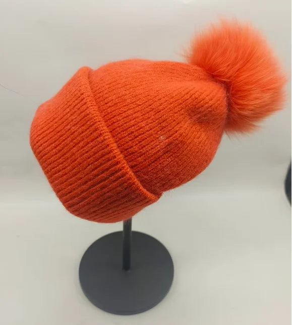Fox Fur Pom-Pom Beanie - Knitted Cashmere Winter Hat for Women, 14 Colours