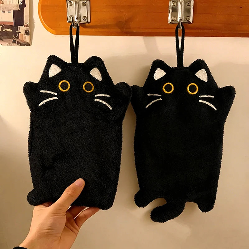 Cartoon Cat Hand Towel - Absorbent Coral Fleece Towel with Hanging Loop