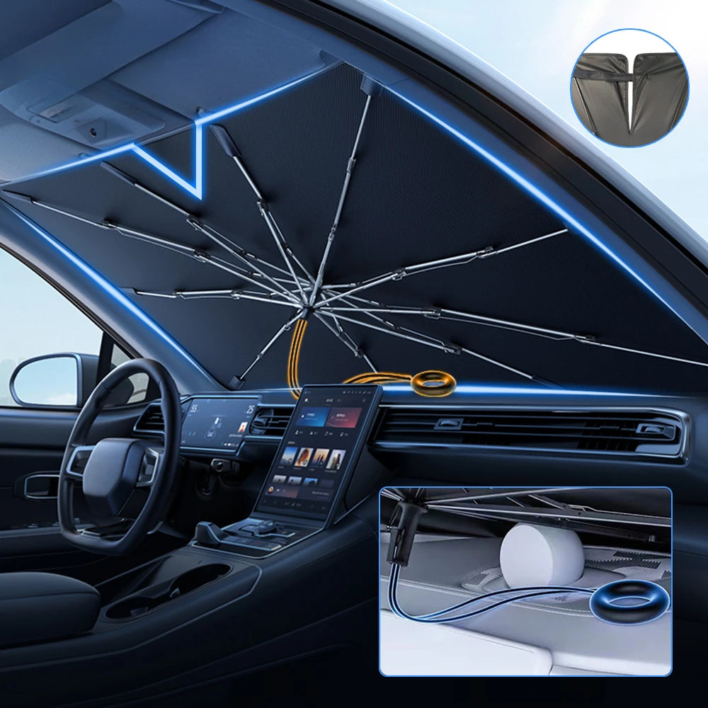Car Windshield Sunshade Umbrella - Folding UV Reflective Front Window Sun Shade and Heat Blocker
