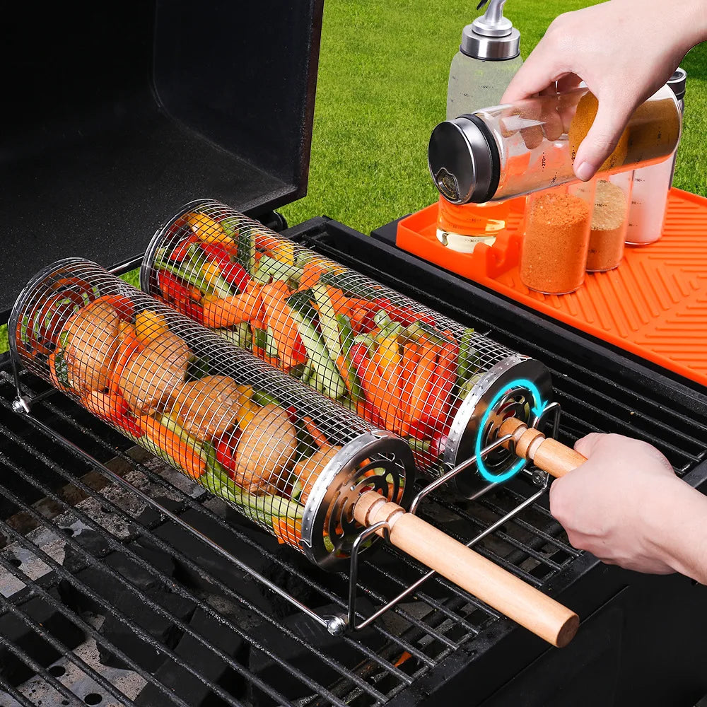 Rolling Grill Basket Set - Stainless Steel Mesh BBQ Basket with Wood Handle
