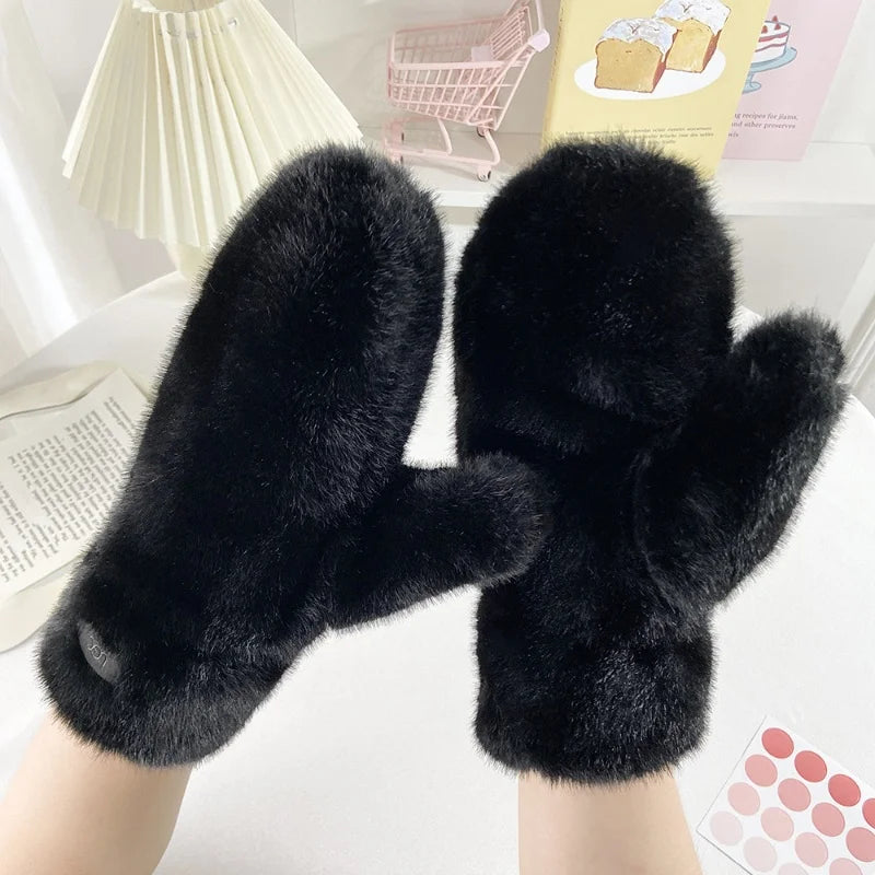 Imitation Rabbit Fur Gloves - Windproof Plush Winter Gloves in One Size