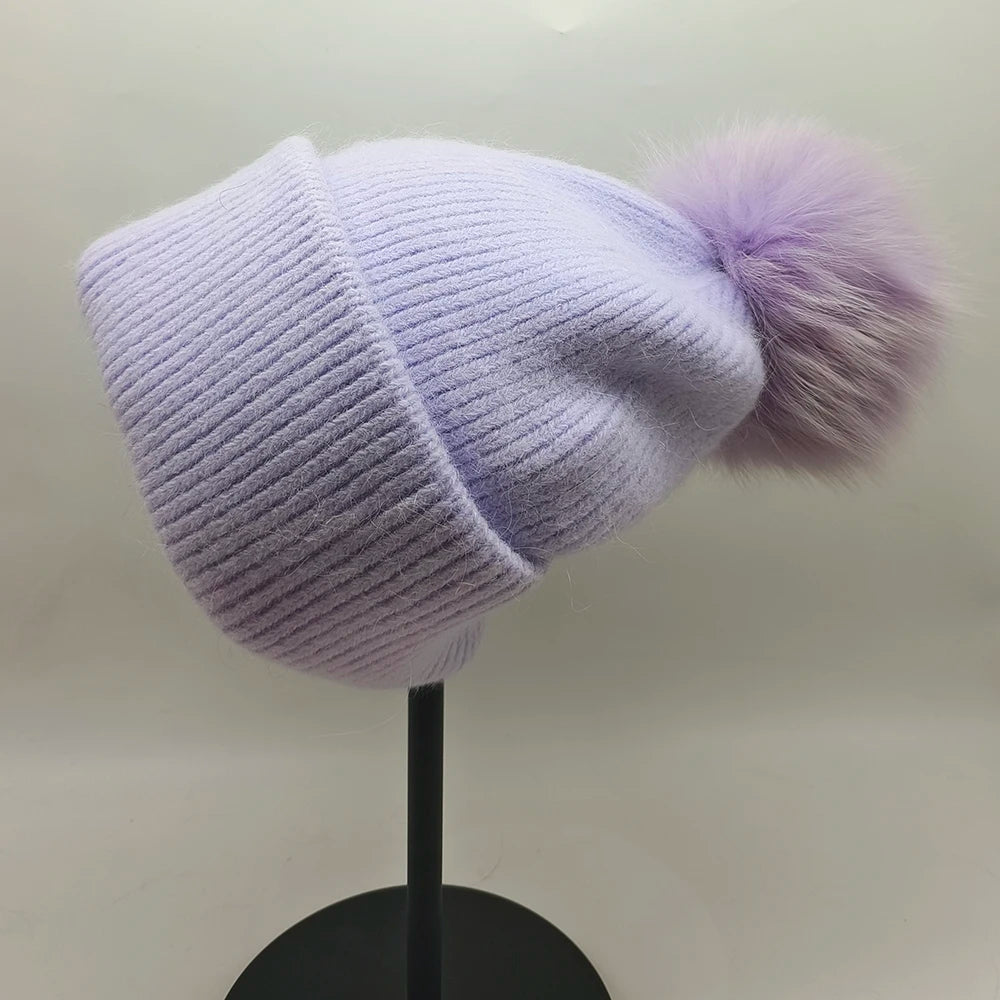 Fox Fur Pom-Pom Beanie - Knitted Cashmere Winter Hat for Women, 14 Colours
