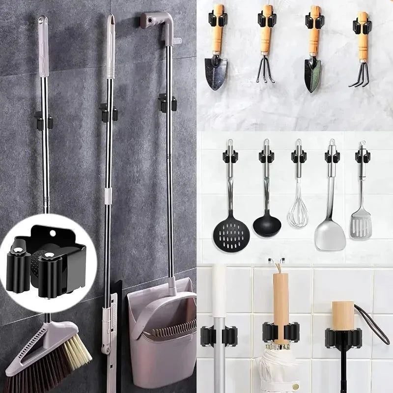 Wall Mounted Mop and Broom Holder Clips - Stainless Steel Hanging Storage Racks