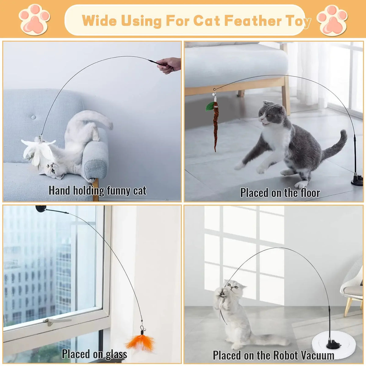 Cat Teaser Wand with Suction Cup - Interactive Feather Toy with Replaceable Heads