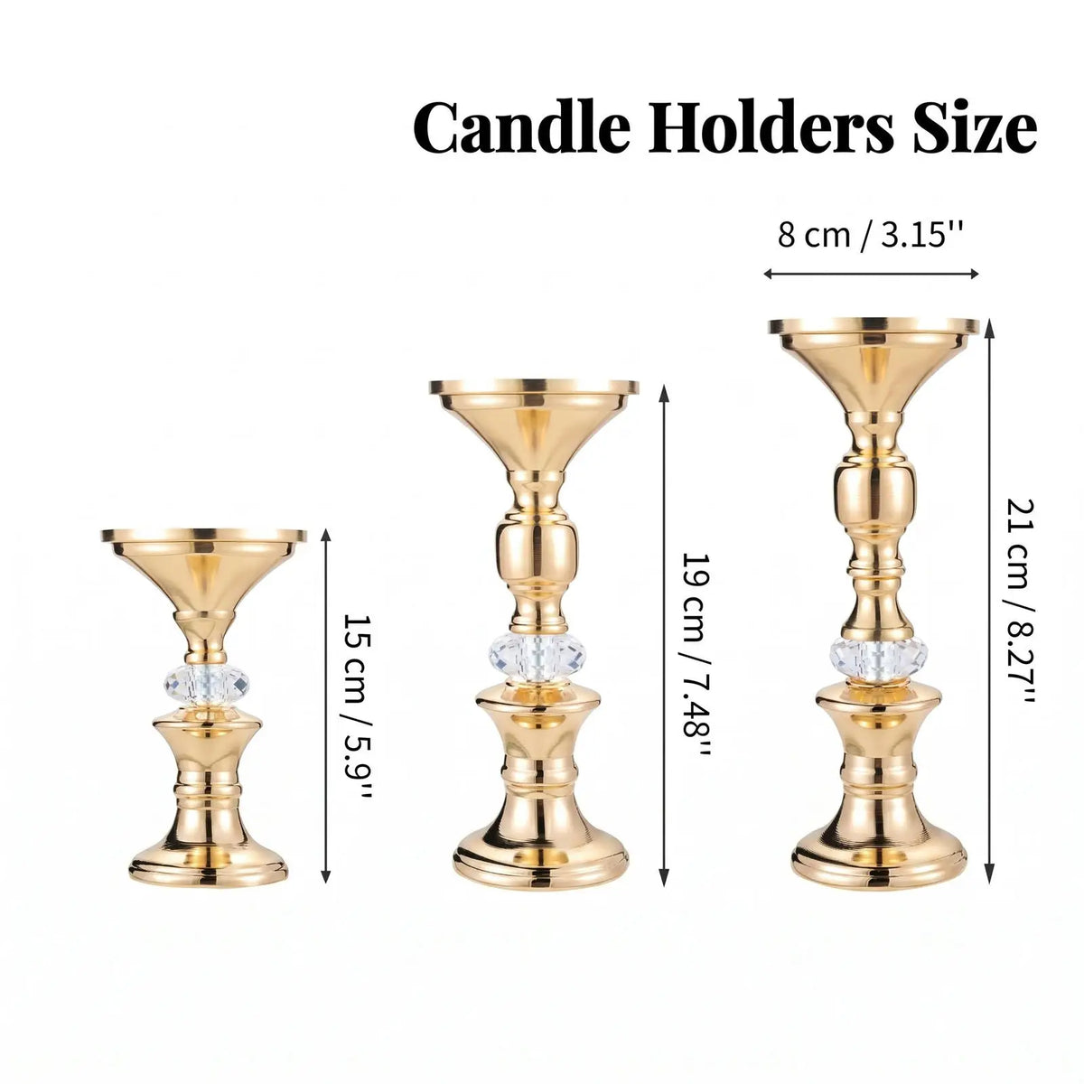 Gold Metal Pillar Candle Holders - Crystal Accent Stands for Table Centrepieces