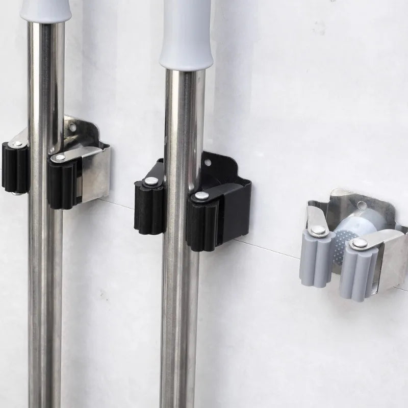Wall Mounted Mop and Broom Holder Clips - Stainless Steel Hanging Storage Racks