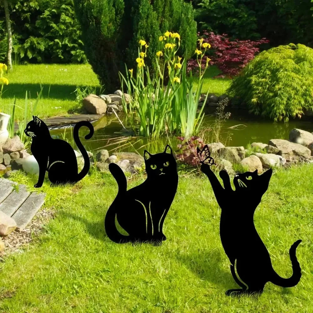 Cat Garden Stakes - Metal Silhouette Lawn Ornaments for Patios, Beds and Borders