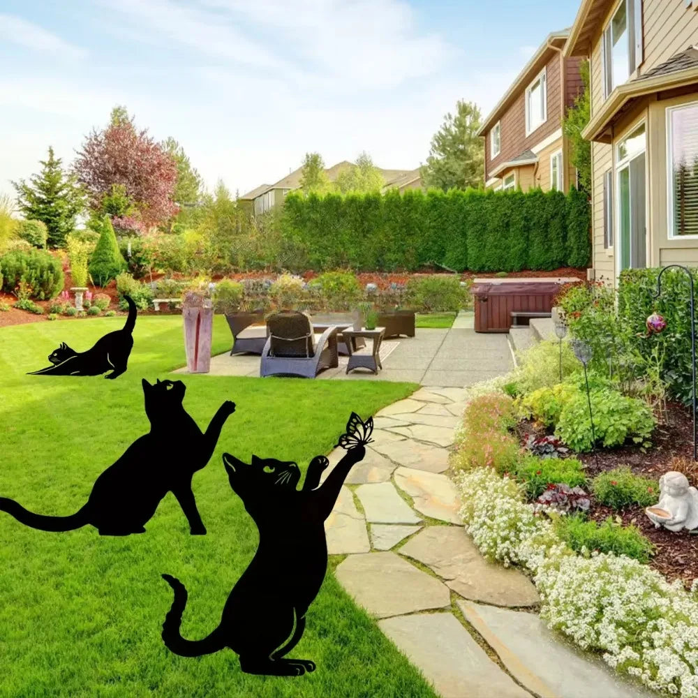 Cat Garden Stakes - Metal Silhouette Lawn Ornaments for Patios, Beds and Borders