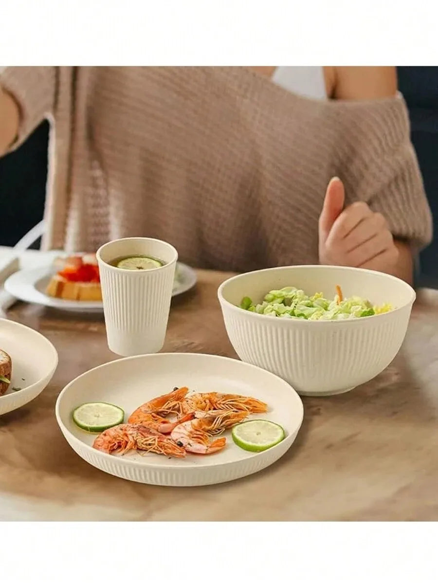 Reusable Plastic Dinnerware Set - Cups, Plates and Bowls for Camping and Dorms
