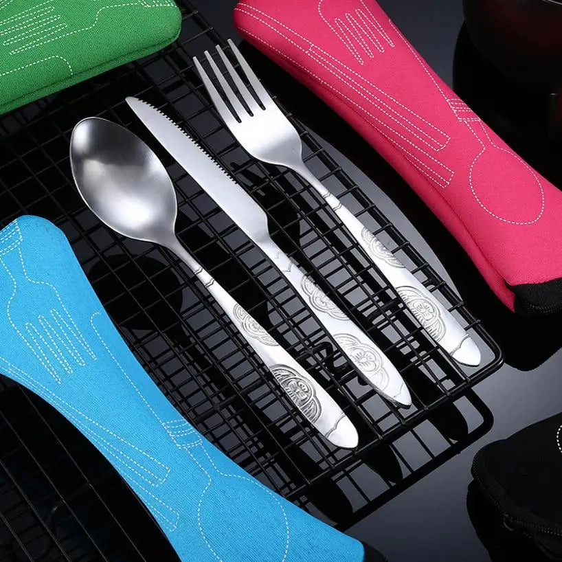 Stainless Steel Travel Cutlery Set - 3-Piece Camping Utensils with Zip Case
