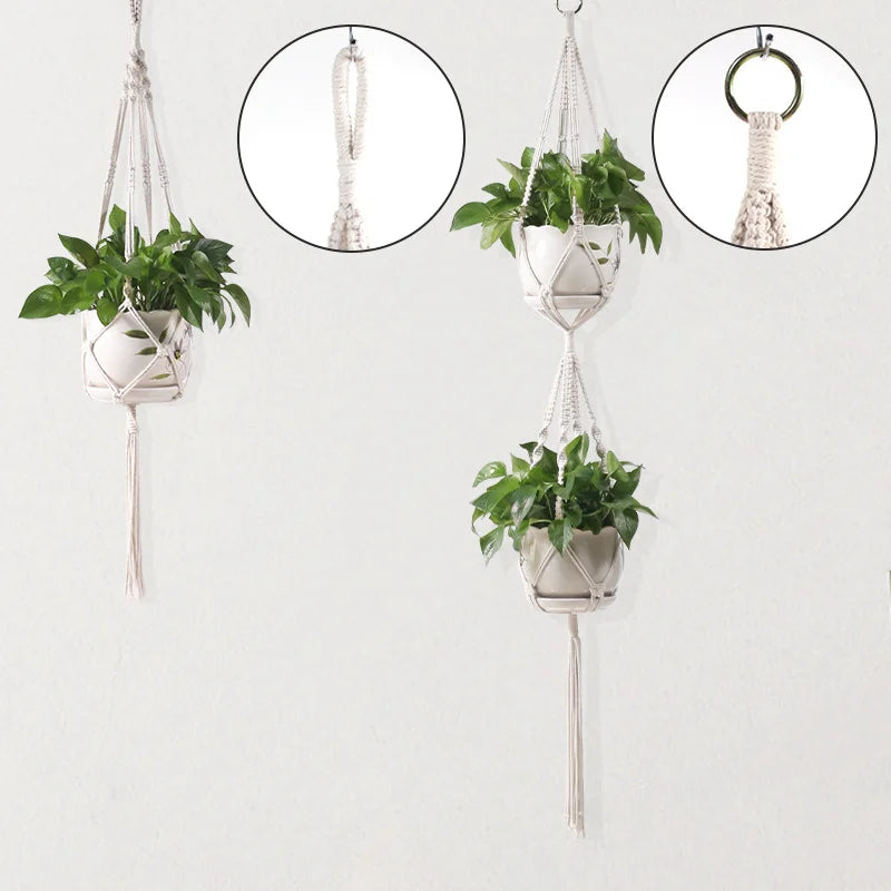 Macrame Plant Hanger - Handmade Knotted Rope Holder for Pots and Balcony Baskets