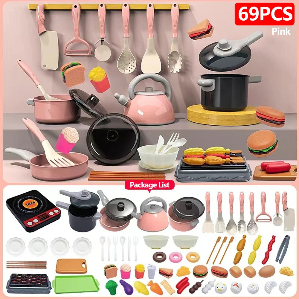 Kids Kitchen Toy Set - 59, 69 or 92 Piece Play Kitchen in Pink or Green