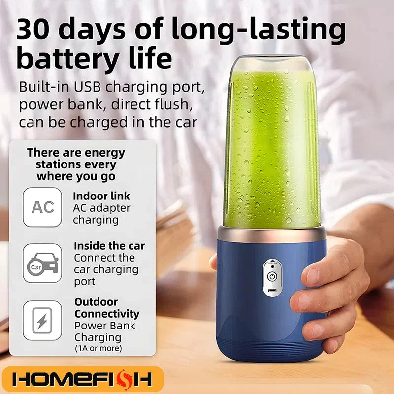 Portable Blender 400ml - USB Rechargeable Personal Juicer and Smoothie Cup with 6 Blades