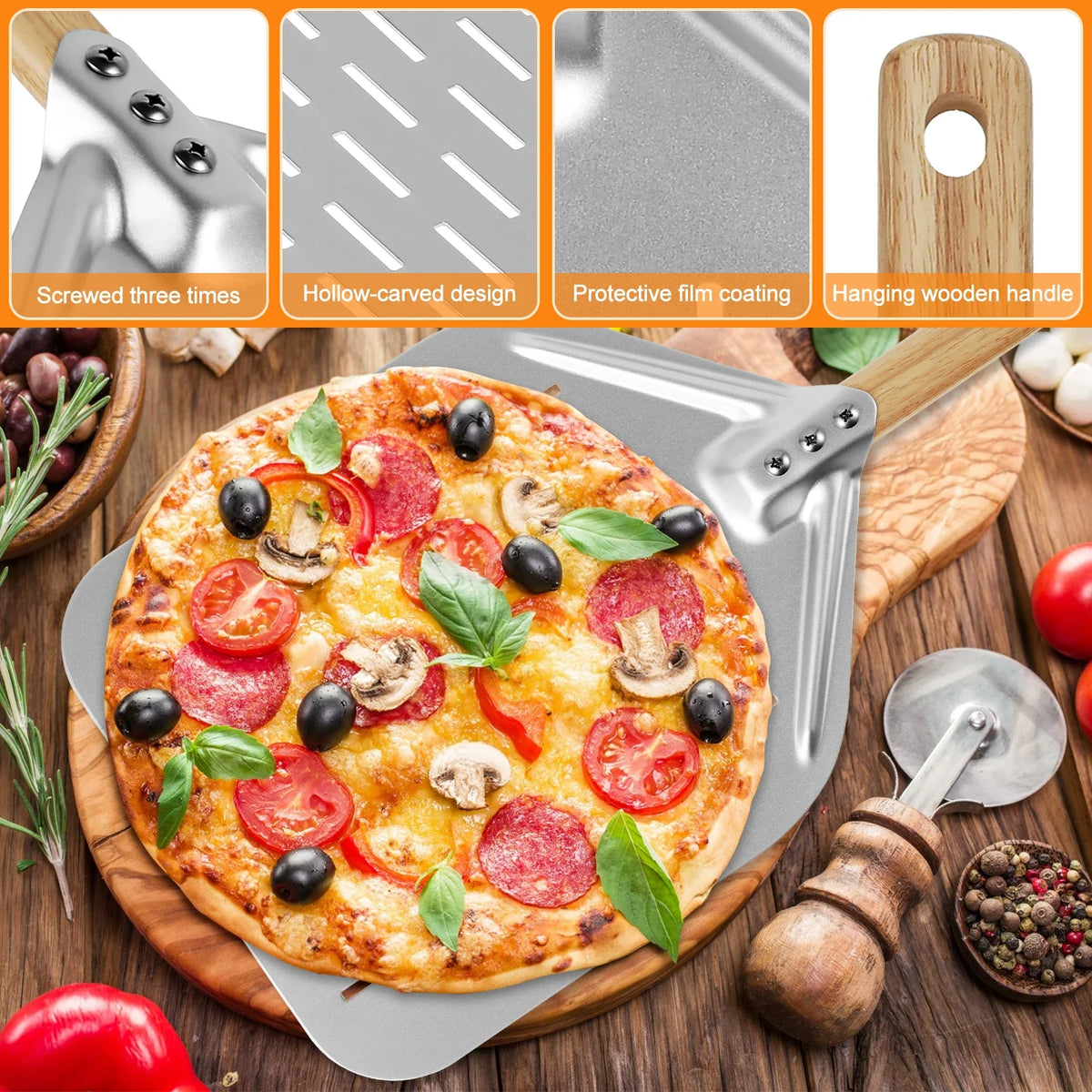 Metal Pizza Peel with Wood Handle - Non-Stick Pizza Shovel, 6.5"/10"/12"