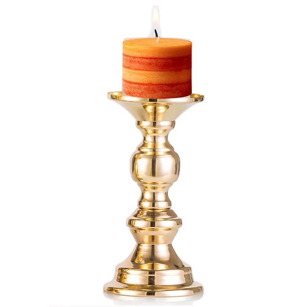 Gold Metal Pillar Candle Holders - Crystal Accent Stands for Table Centrepieces