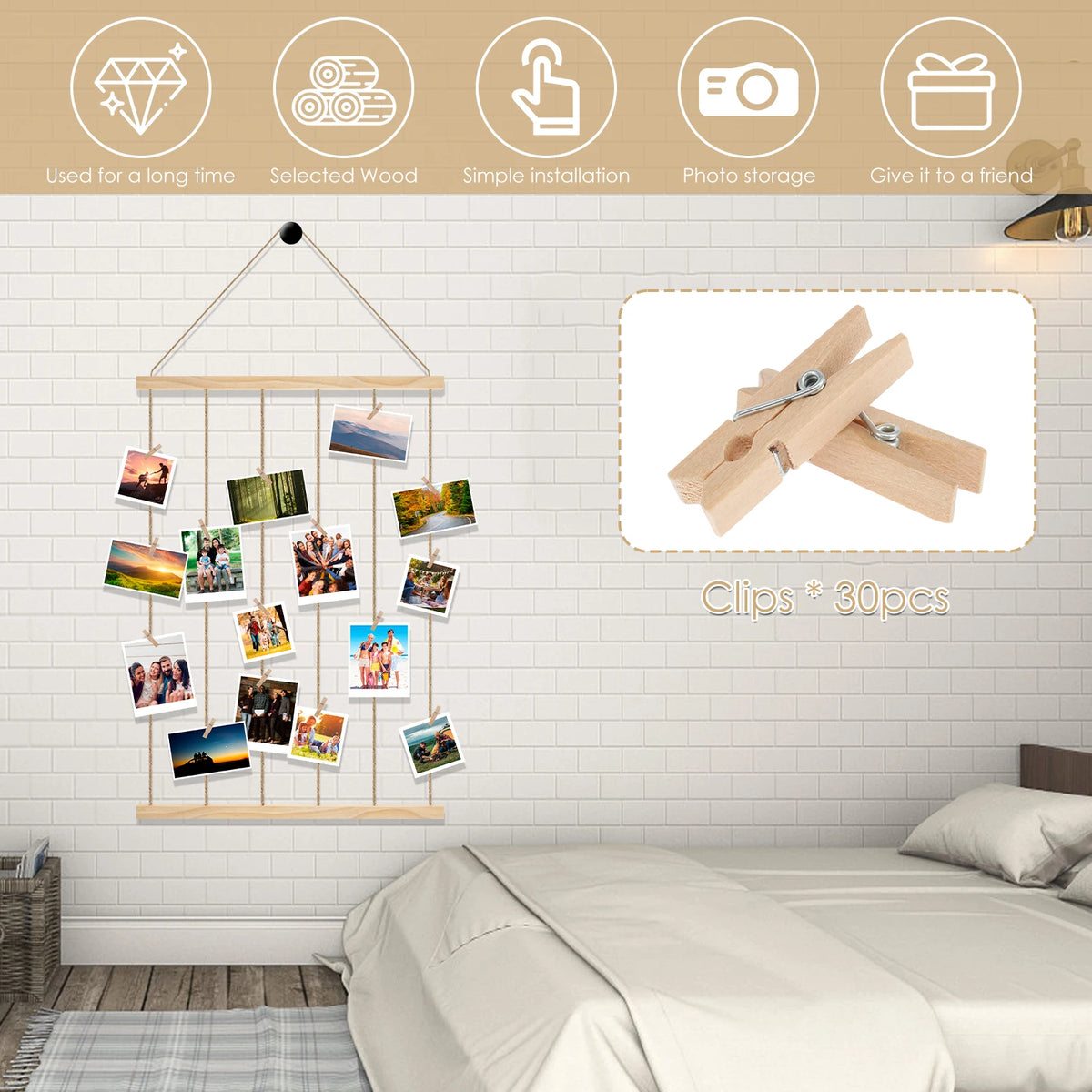 Hanging Photo Display Holder - Wood Finish Picture Hanger for Home Decor