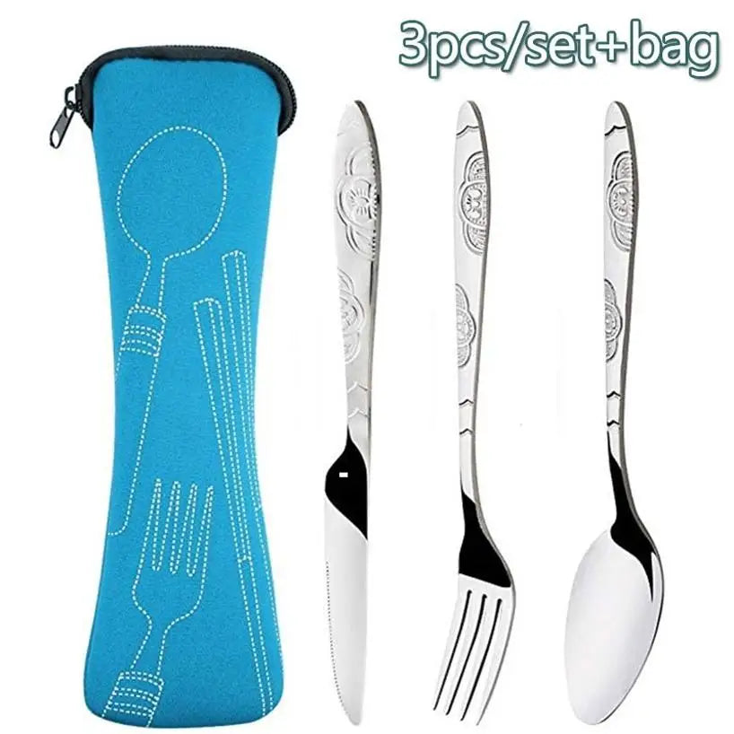 Stainless Steel Travel Cutlery Set - 3-Piece Camping Utensils with Zip Case
