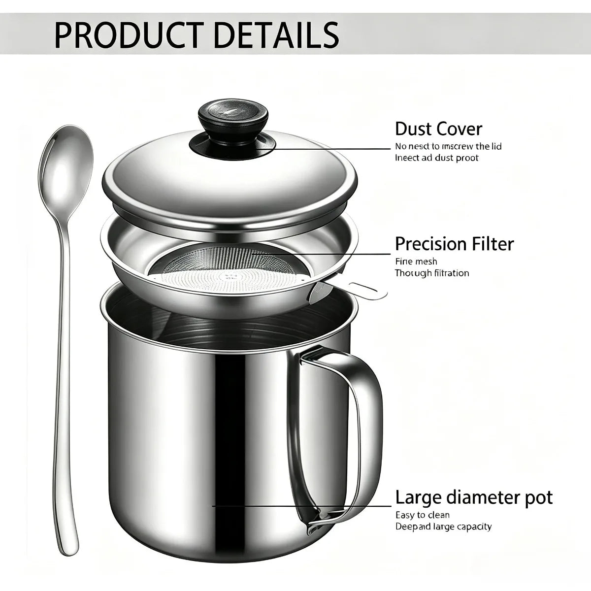 Bacon Grease Container - Stainless Steel Cooking Oil Keeper with Strainer and Spoon