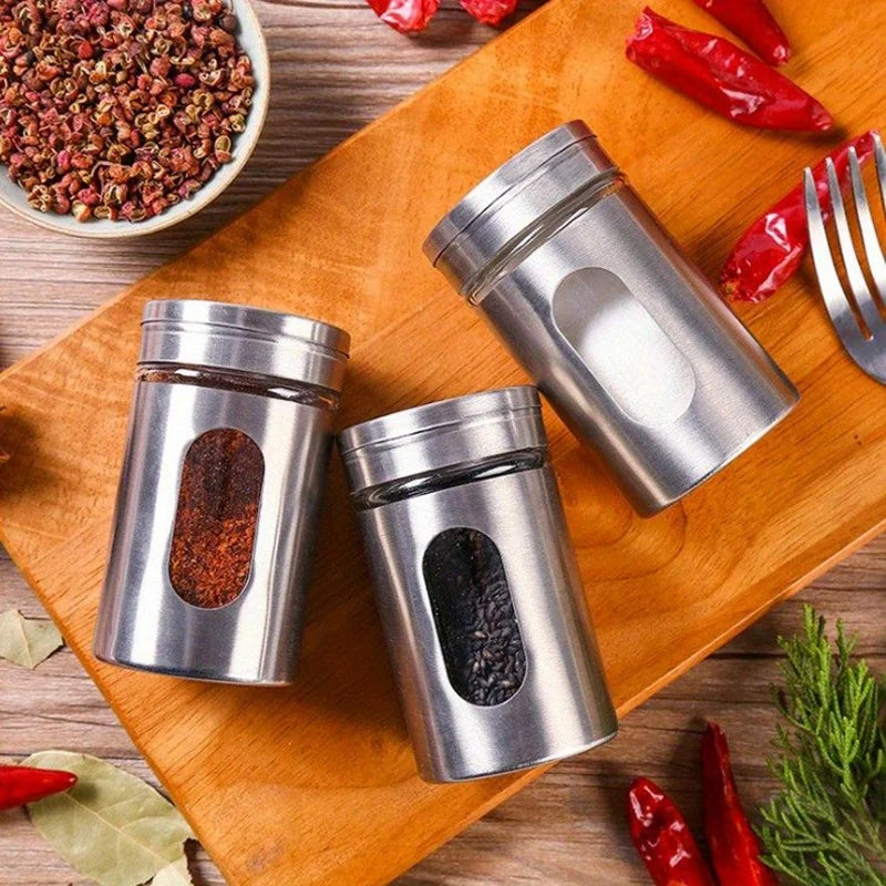 Stainless Steel & Glass Seasoning Shaker - BBQ Spice, Salt & Pepper Jar