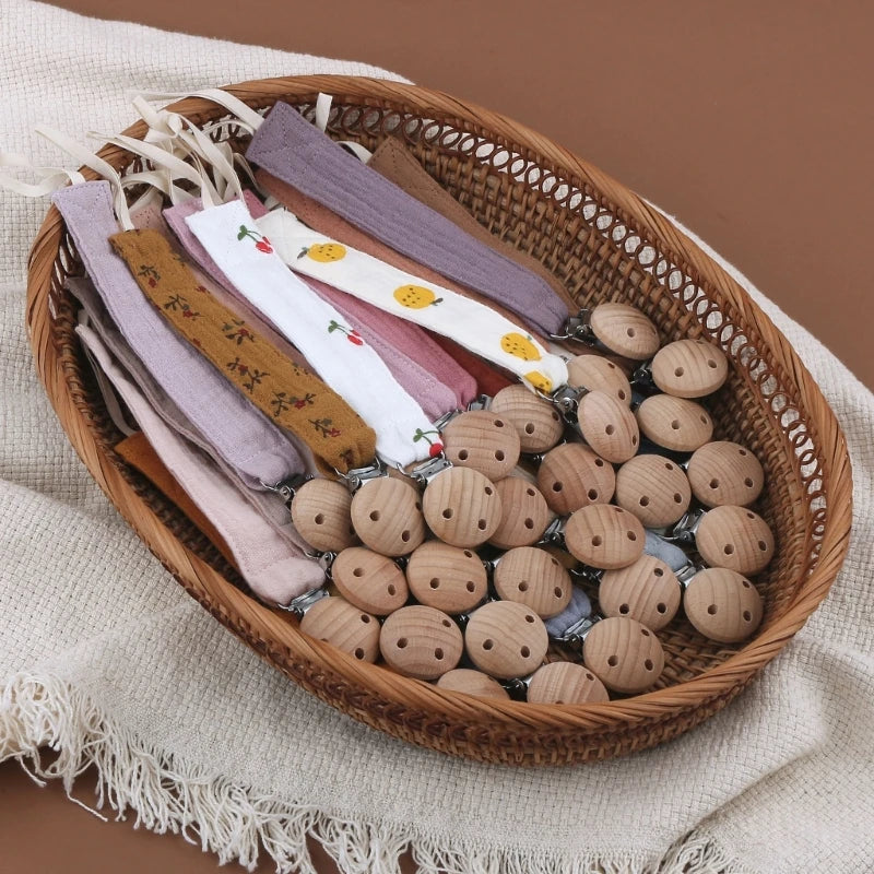 Baby Pacifier Clip - Cotton and Beech Wood Dummy Chain Holder, 26 cm