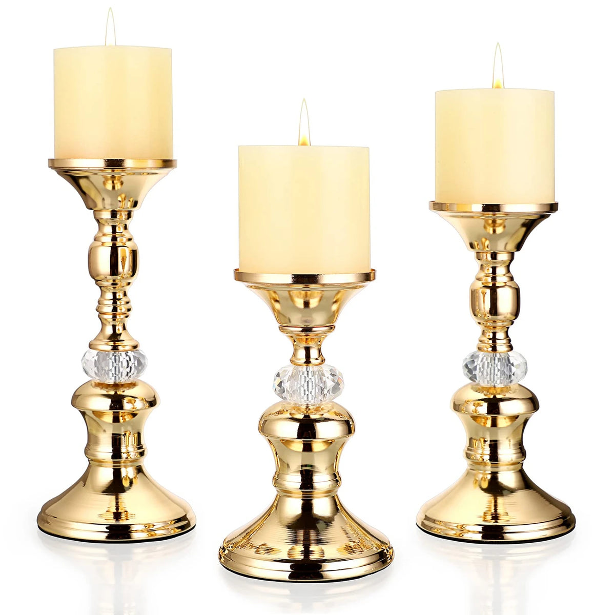 Gold Metal Pillar Candle Holders - Crystal Accent Stands for Table Centrepieces
