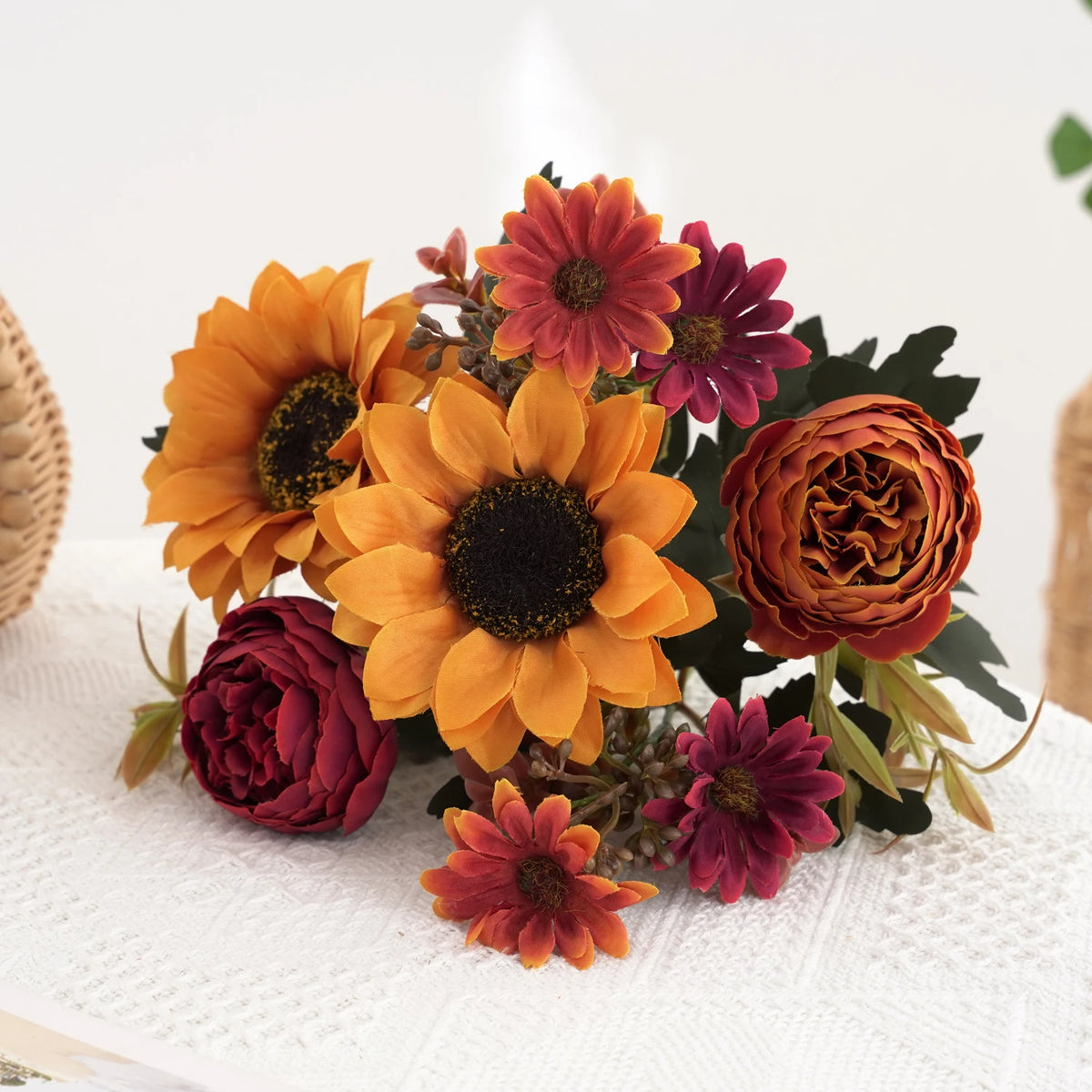 Artificial Sunflower Bouquet - Silk Faux Sunflowers and Peonies for Fall Decor