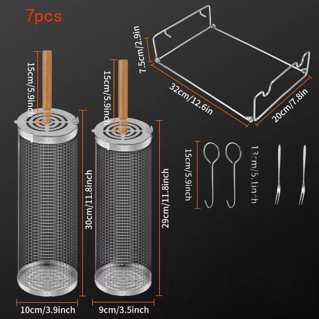 Rolling Grill Basket Set - Stainless Steel Mesh BBQ Basket with Wood Handle
