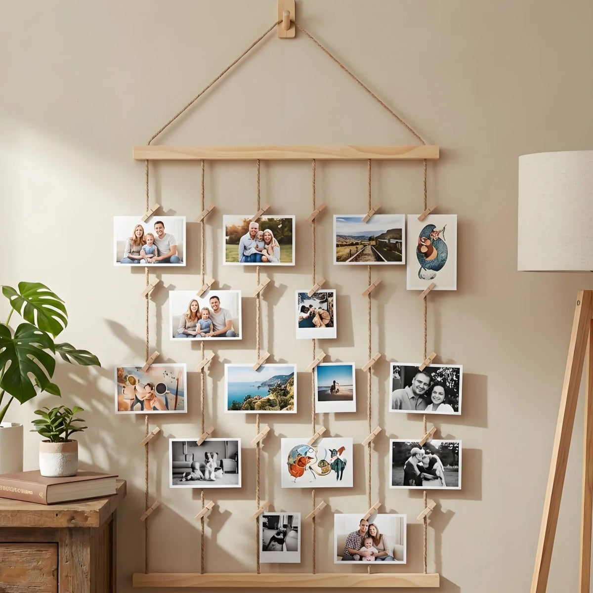 Hanging Photo Display Holder - Wood Finish Picture Hanger for Home Decor