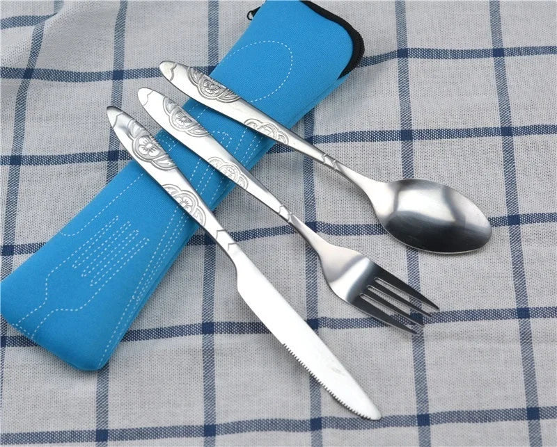 Stainless Steel Travel Cutlery Set - 3-Piece Camping Utensils with Zip Case