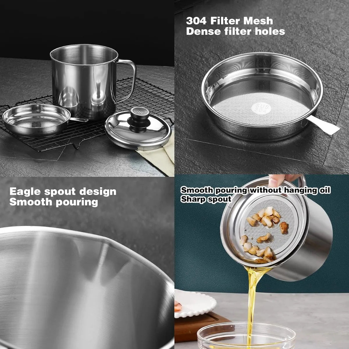 Bacon Grease Container - Stainless Steel Cooking Oil Keeper with Strainer and Spoon