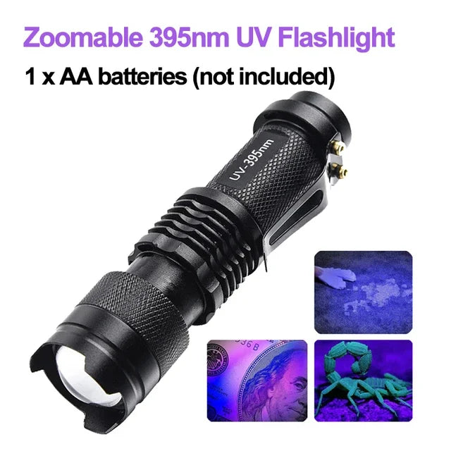 LED UV Flashlight - Zoomable 365nm and 395nm Blacklight Torch, Pocket Size