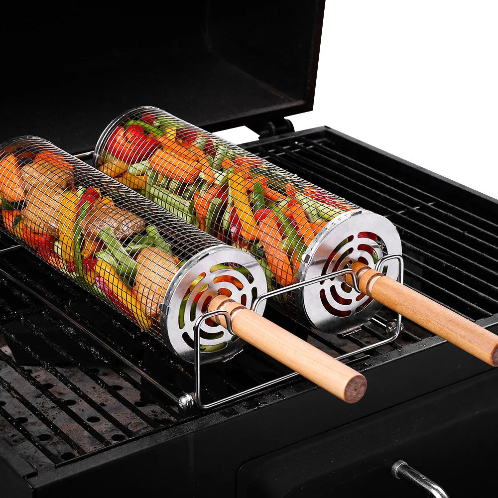 Rolling Grill Basket Set - Stainless Steel Mesh BBQ Basket with Wood Handle