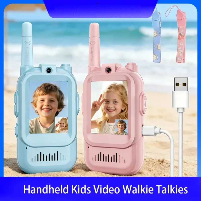 Pair of kids walkie talkies in blue and pink with charging cable