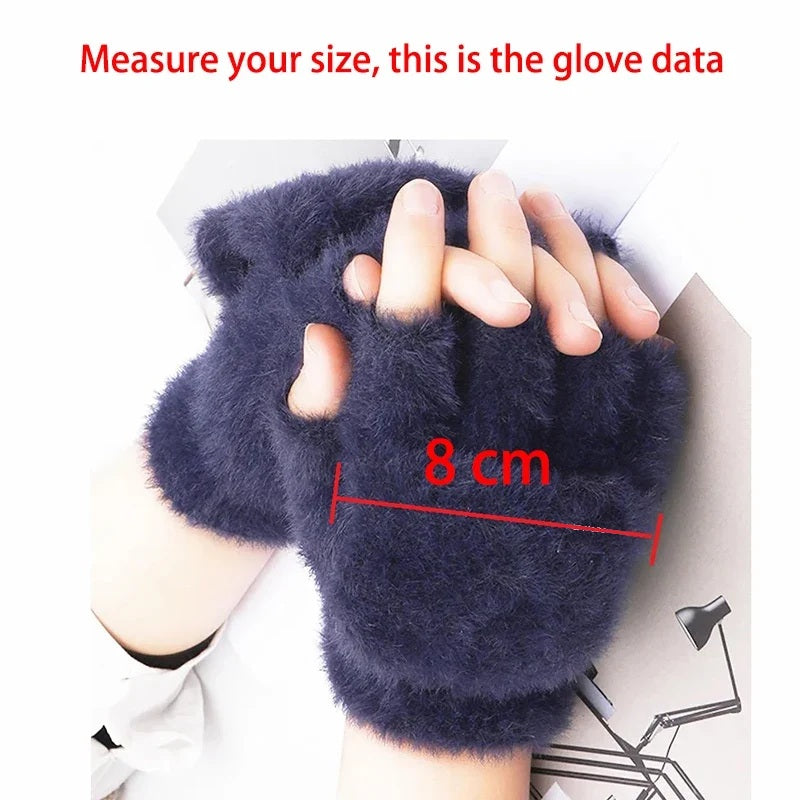 Navy plush fingerless glove with 8 cm width measurement