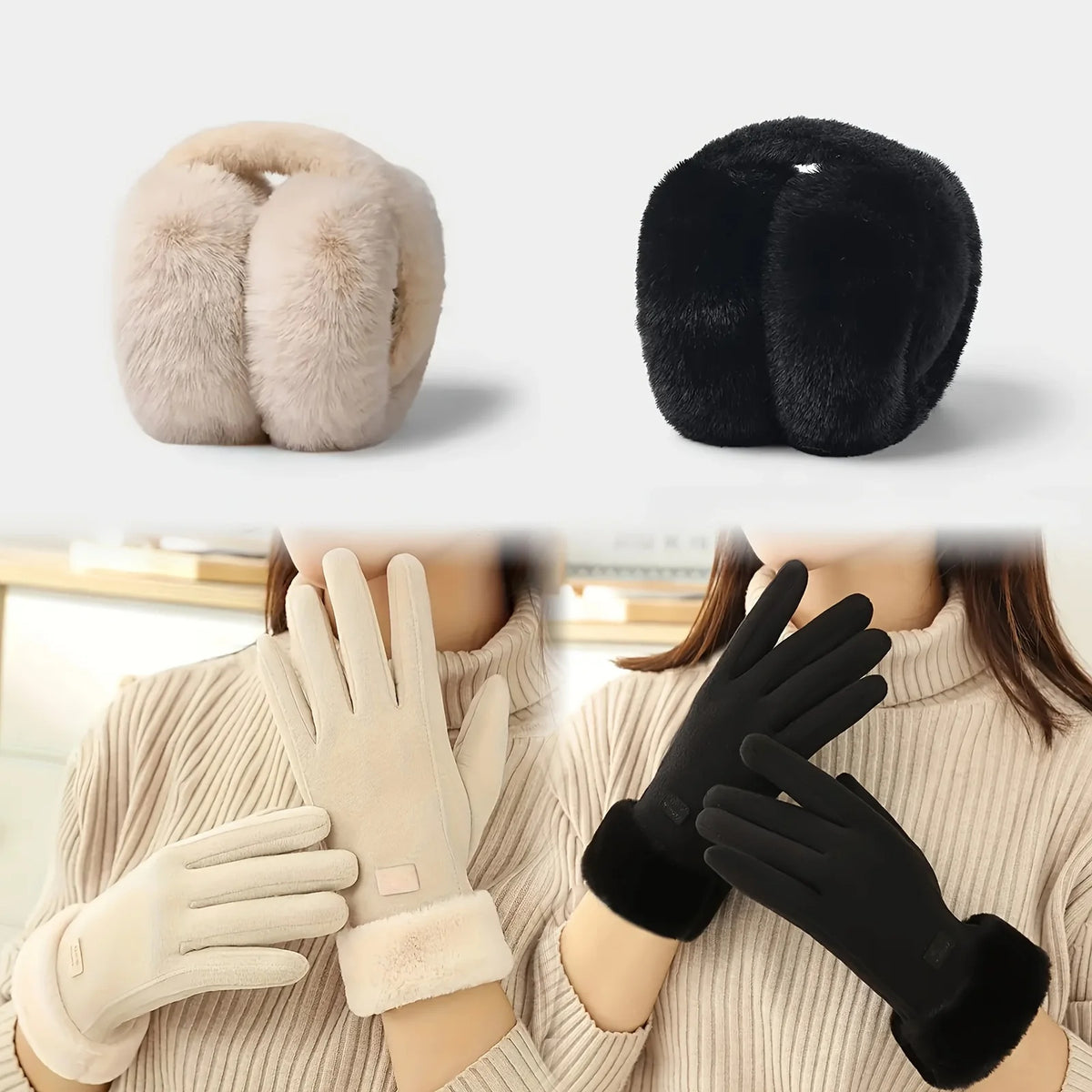Collage of winter accessories including cream and black touchscreen gloves