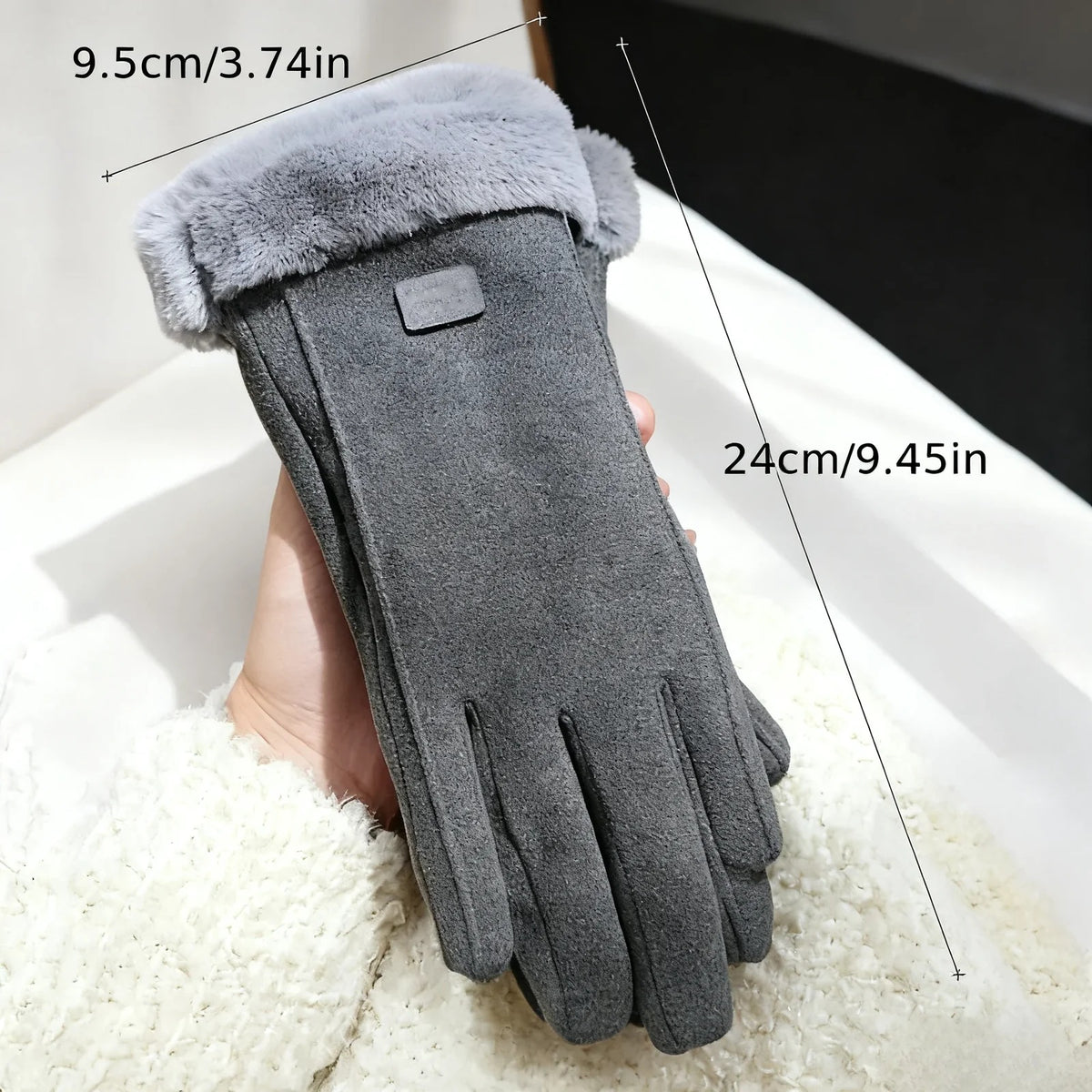 Grey touchscreen glove with fur cuff, 24 cm long and 9.5 cm wide
