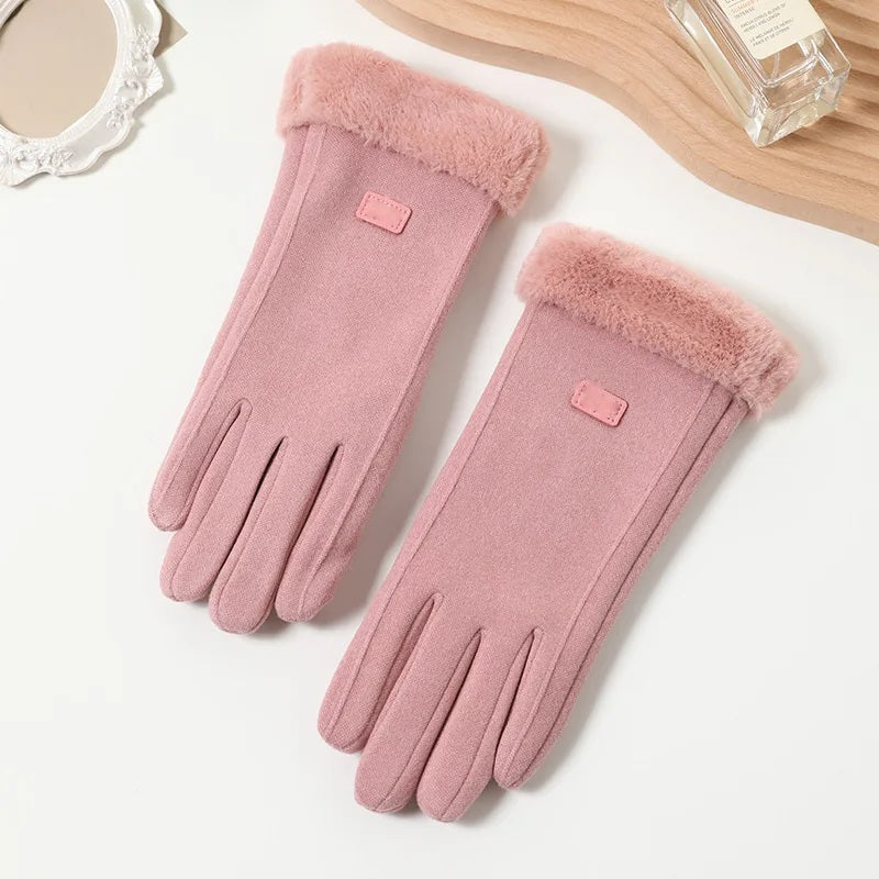 Pair of pink touchscreen winter gloves with fur cuffs