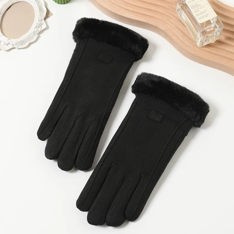 Pair of black touchscreen winter gloves with fur cuffs