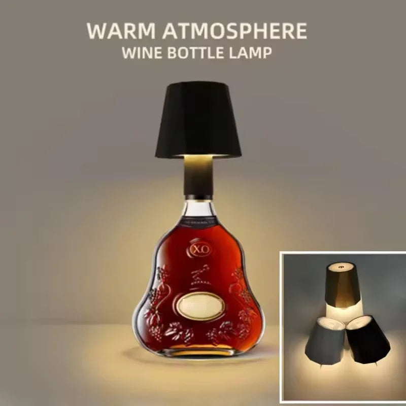 Rechargeable bar lamp cap fitted to a spirits bottle in a dark setting
