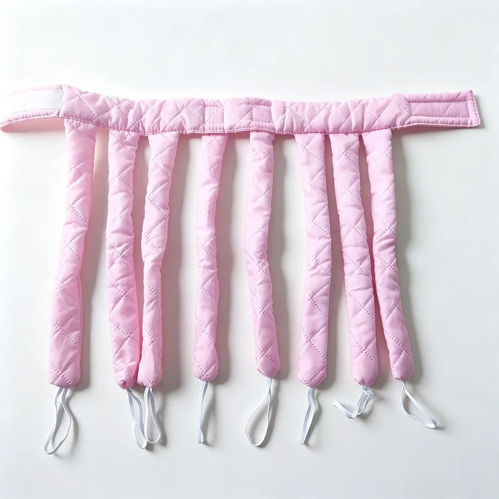 Pink satin heatless curling rod headband, flat lay on grey