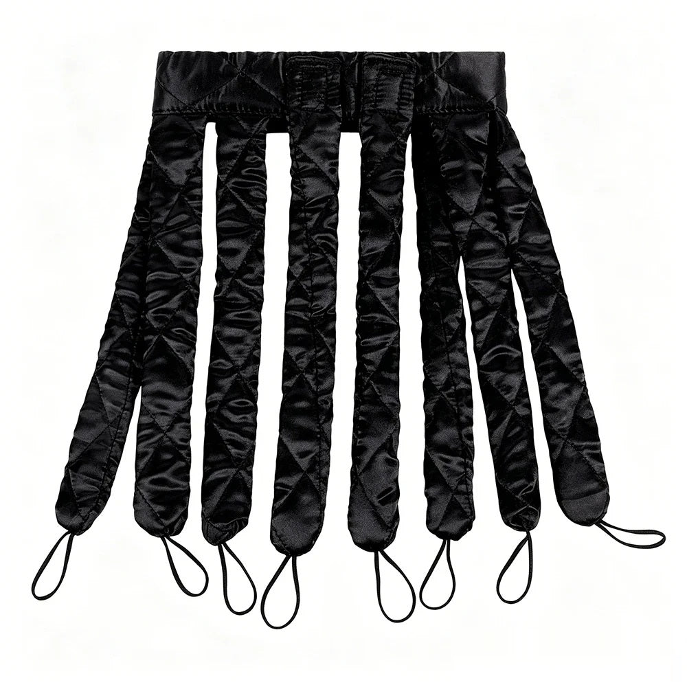 Black satin heatless curling rod headband, flat lay on white