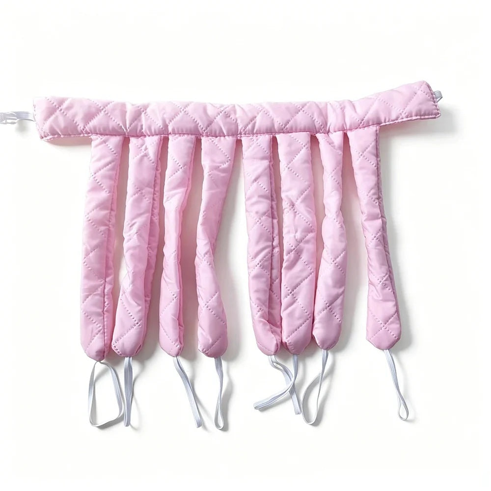 Pink satin heatless curling rod headband, flat lay on white