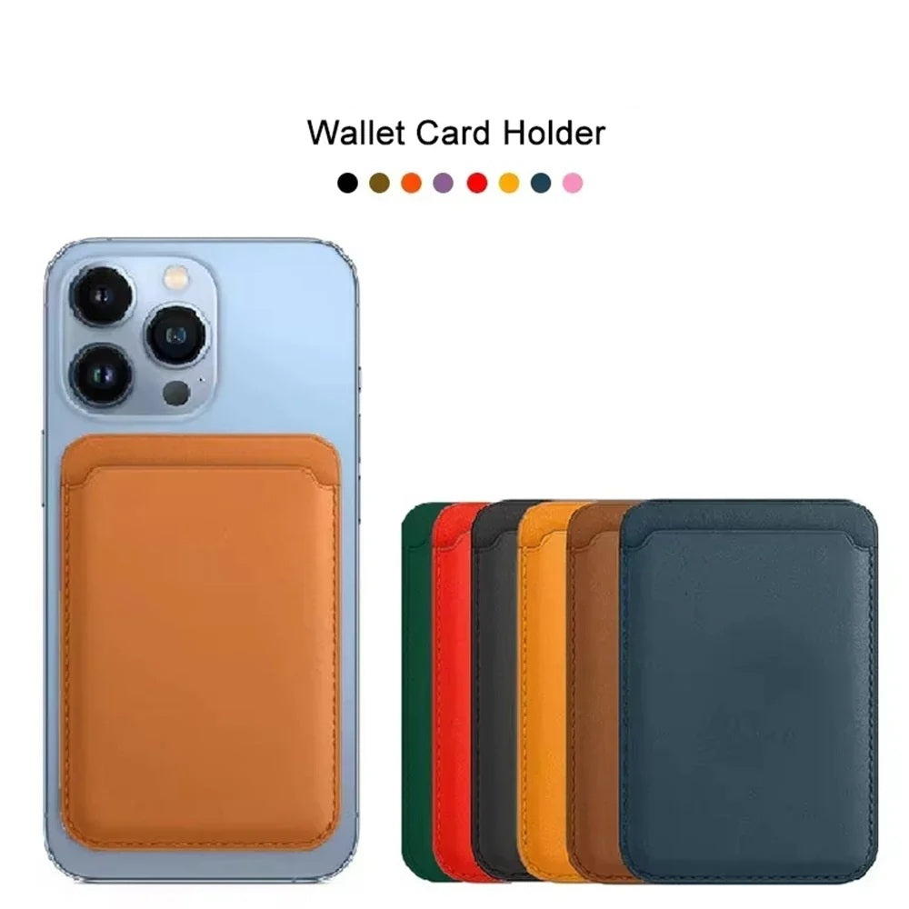 Magnetic wallet card holder in eight colours shown attached to a phone, with colour swatches