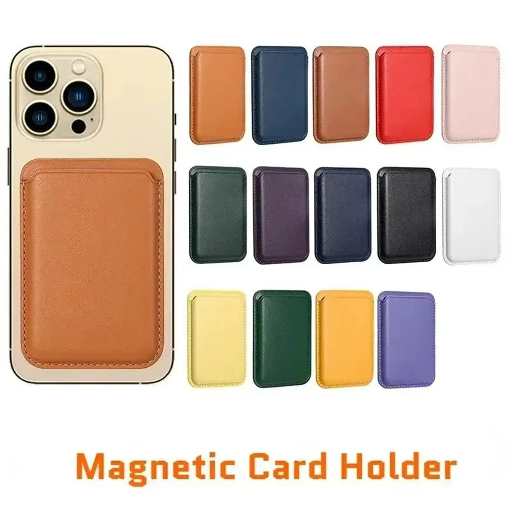 Magnetic card holder attached to a phone beside the full range of colour options