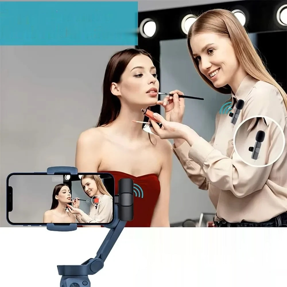 Two women filming a makeup tutorial on a phone using clip-on wireless lavalier microphones