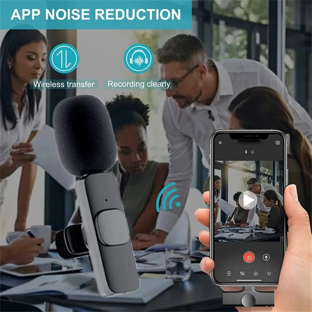 Wireless lavalier microphone recording a meeting, with the video shown on a phone screen