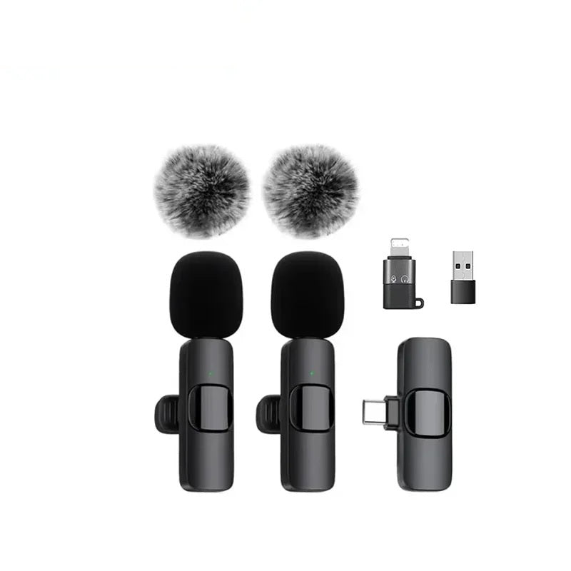 Two wireless lavalier microphones with windscreens, receiver and USB-C and USB-A adapters